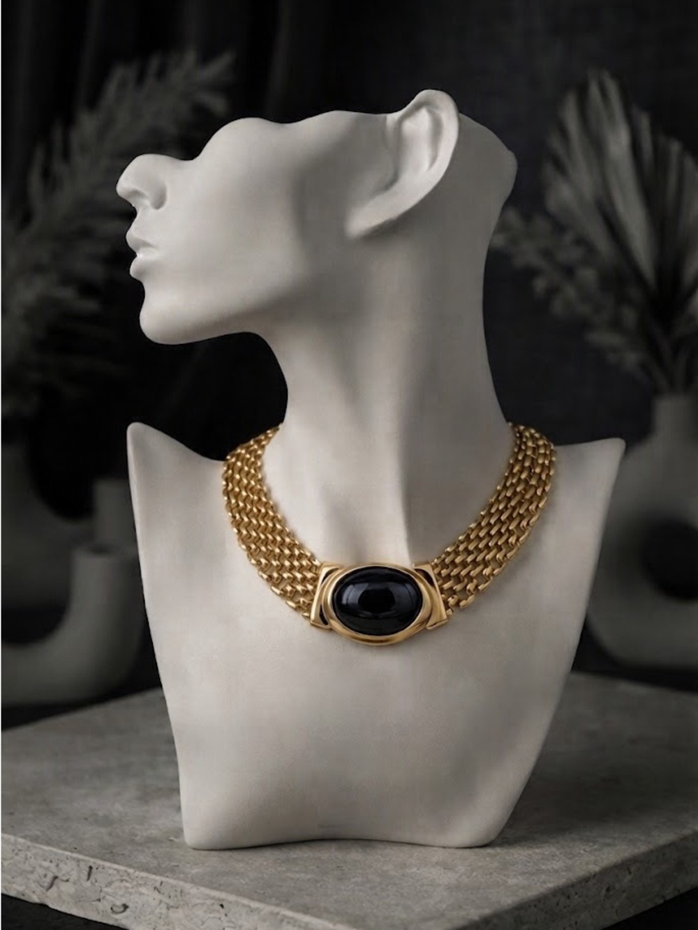 Vintage Napier Gold Tone Chain Necklace with Black Cabochon Centerpiece